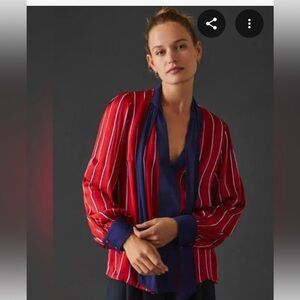 Maeve By Anthropologie Tie-Neck Blouse Womens Small Red Feminine Lightweight